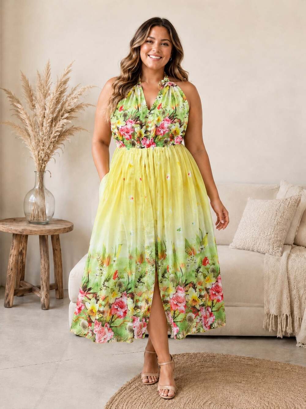 Coeur de Vague Floral Halter Maxi Dress 6XL Yellow Chiffon Boho NWT